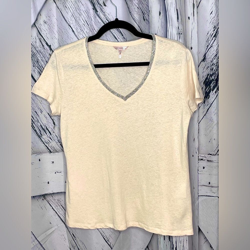 Esqualo Cream Short Sleeve Tee Beaded Trim V-Neck M